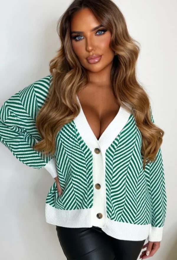 Women MIA Knitwear<All For Fun Green Striped Knit Cardigan