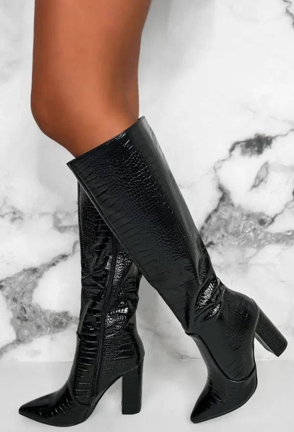 Women STEPHAN Boots<All You Want Black Croc Knee Boot With Block Heel