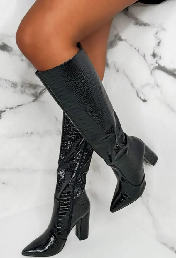 Women STEPHAN Boots<All You Want Black Croc Knee Boot With Block Heel