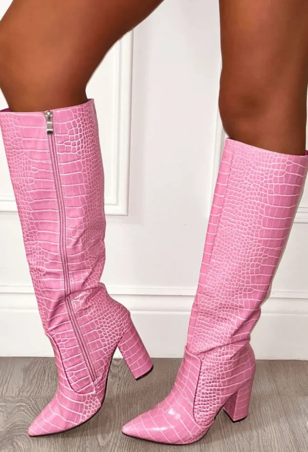 Women STEPHAN High Heels<All You Want Pink Croc Effect Knee High Block Heel Boots