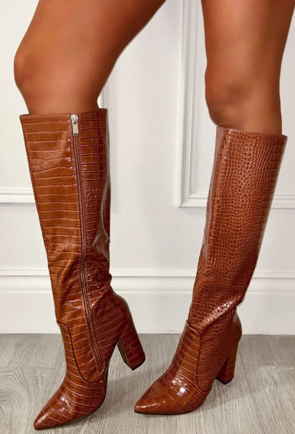 Women STEPHAN High Heels<All You Want Tan Croc Knee Boot With Block Heel