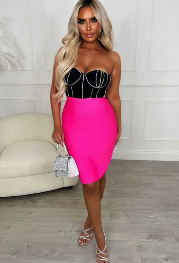 Women FP u0026 CO Bandage<Always A Flirt Hot Pink Premium Diamante Detail Stretch Bandage Dress