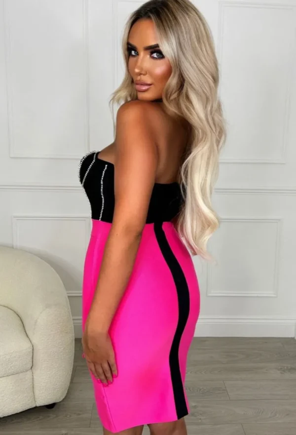 Women FP u0026 CO Bandage<Always A Flirt Hot Pink Premium Diamante Detail Stretch Bandage Dress