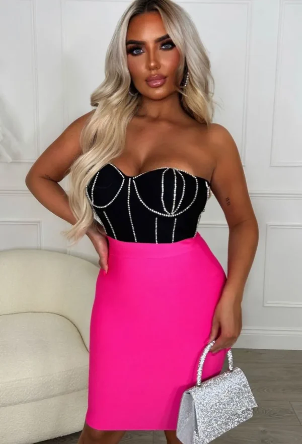 Women FP u0026 CO Bandage<Always A Flirt Hot Pink Premium Diamante Detail Stretch Bandage Dress