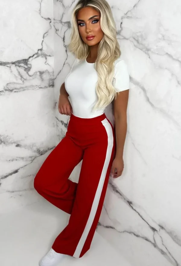 Women Belleza Trousers & Leggings<Always A Hero Red Wide Side Stripe Stretch Trousers