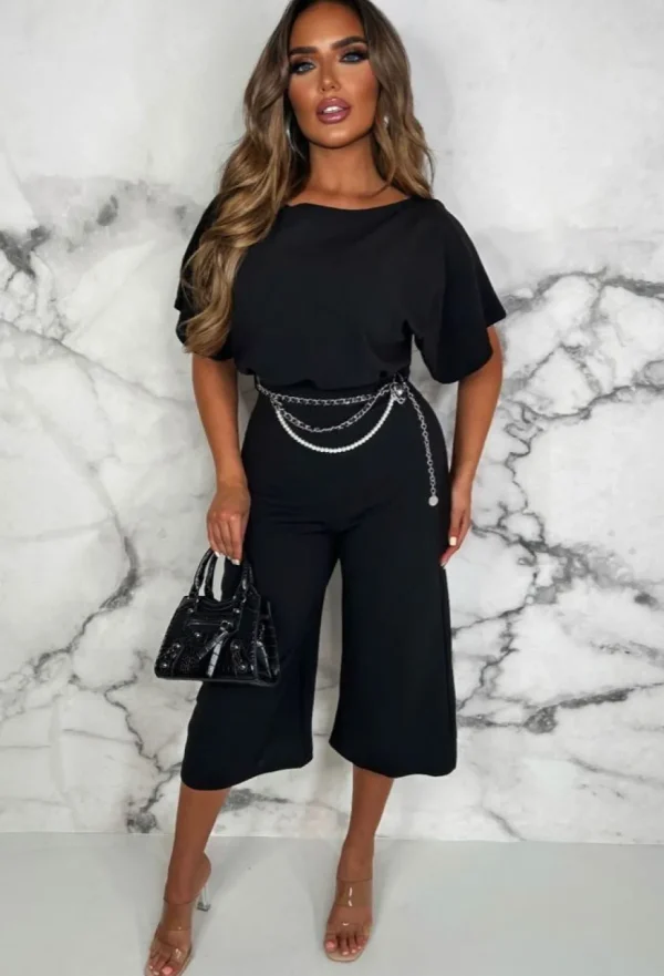 Women EVITA Jumpsuits<Always Chic Black Belted Culotte Jumpsuit