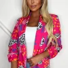 Women J5 Fashion Blazers<Aspects Of Love Hot Pink Shawl Neck Ruched Sleeve Printed Blazer