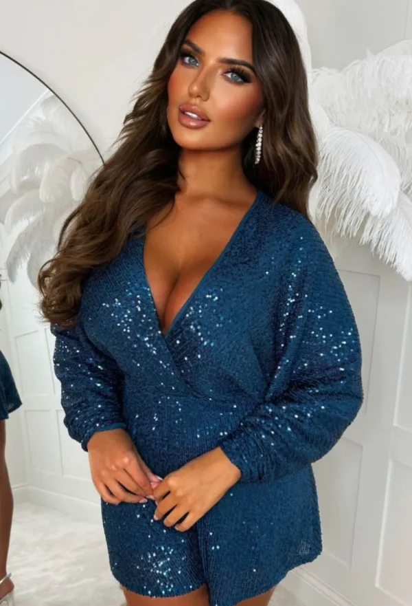 Women INFINITY Playsuits<At The Club Blue Sequin Stretch Playsuit