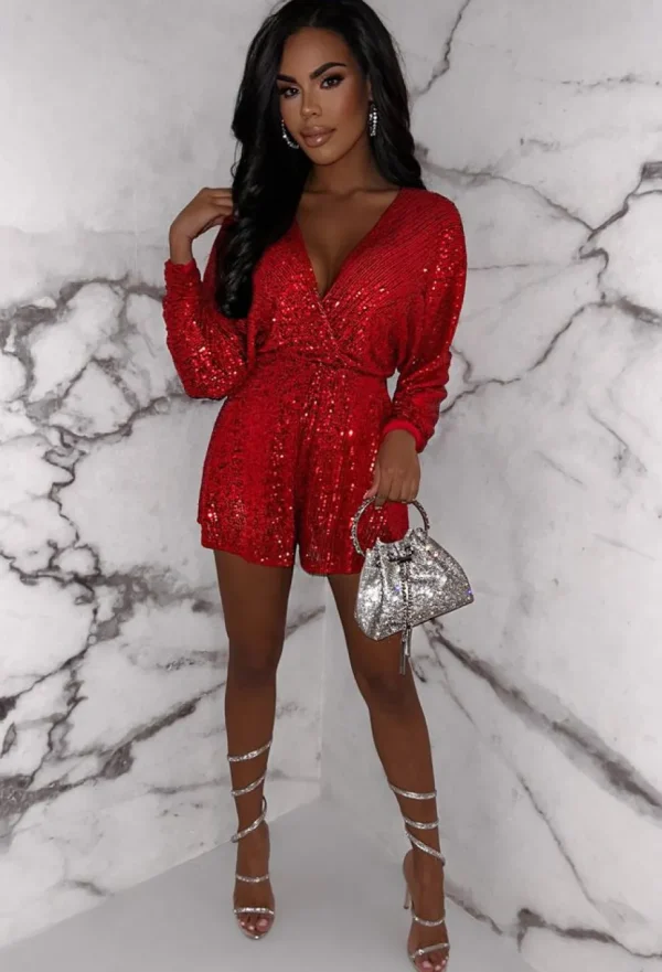 Women INFINITY Playsuits<At The Club Red Sequin Stretch Playsuit