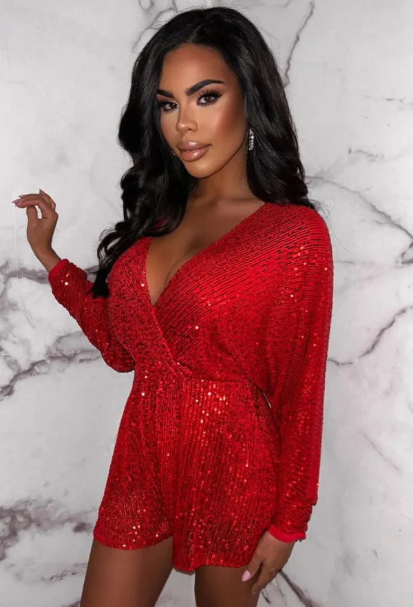 Women INFINITY Playsuits<At The Club Red Sequin Stretch Playsuit