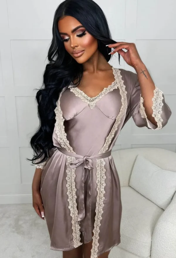 Women HNATALIE Nightwear<Be Sultry Taupe Lace Trim Padded Cup Cami Night Dress And Robe Set