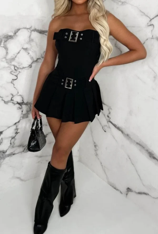 Women STYLEWISE Playsuits<Belted Babe Black Bandeau Stretch Pleated Skort Playsuit