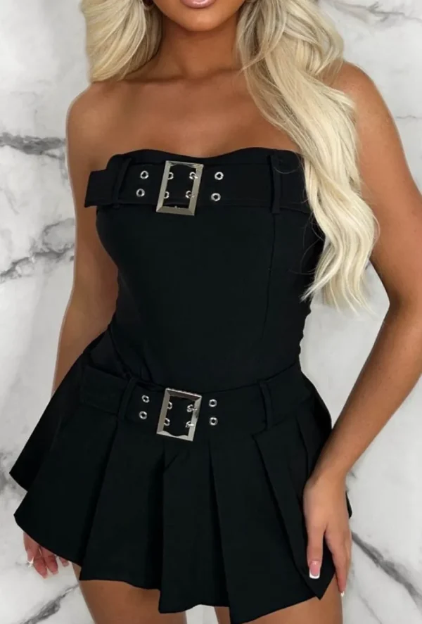 Women STYLEWISE Playsuits<Belted Babe Black Bandeau Stretch Pleated Skort Playsuit