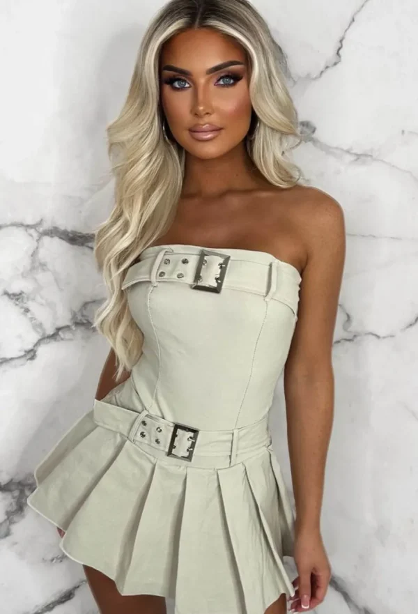 Women STYLEWISE Playsuits<Belted Babe Stone Bandeau Stretch Pleated Skort Playsuit