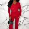 Women STYLEWISE Loungewear<Beyond Chic Red Cowl Neck Long Sleeve Double Layer Two Piece Loungewear Set