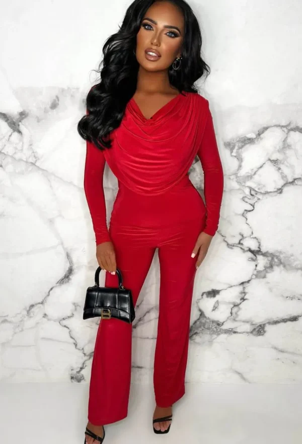 Women STYLEWISE Loungewear<Beyond Chic Red Cowl Neck Long Sleeve Double Layer Two Piece Loungewear Set