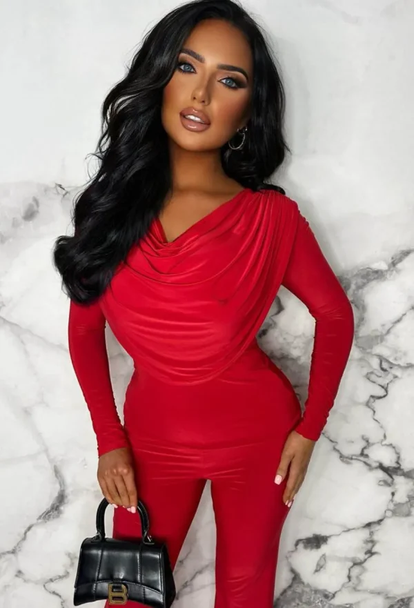 Women STYLEWISE Loungewear<Beyond Chic Red Cowl Neck Long Sleeve Double Layer Two Piece Loungewear Set