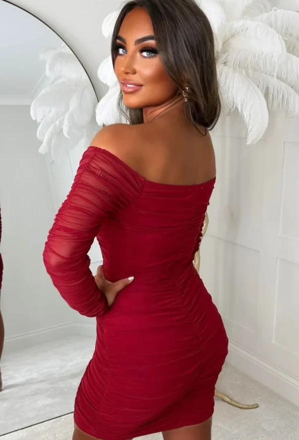 Women SOY u0026 CO Dresses<Bijoux Red Mesh Long Sleeve Ruched Corset Mini Dress