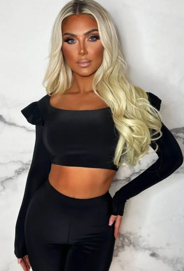 Women STYLEWISE Loungewear<Blissful Babe Black Square Neck Long Ruffle Sleeve Double Layer Two Piece Loungewear Set