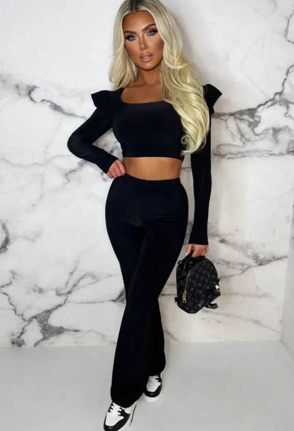 Women STYLEWISE Loungewear<Blissful Babe Black Square Neck Long Ruffle Sleeve Double Layer Two Piece Loungewear Set