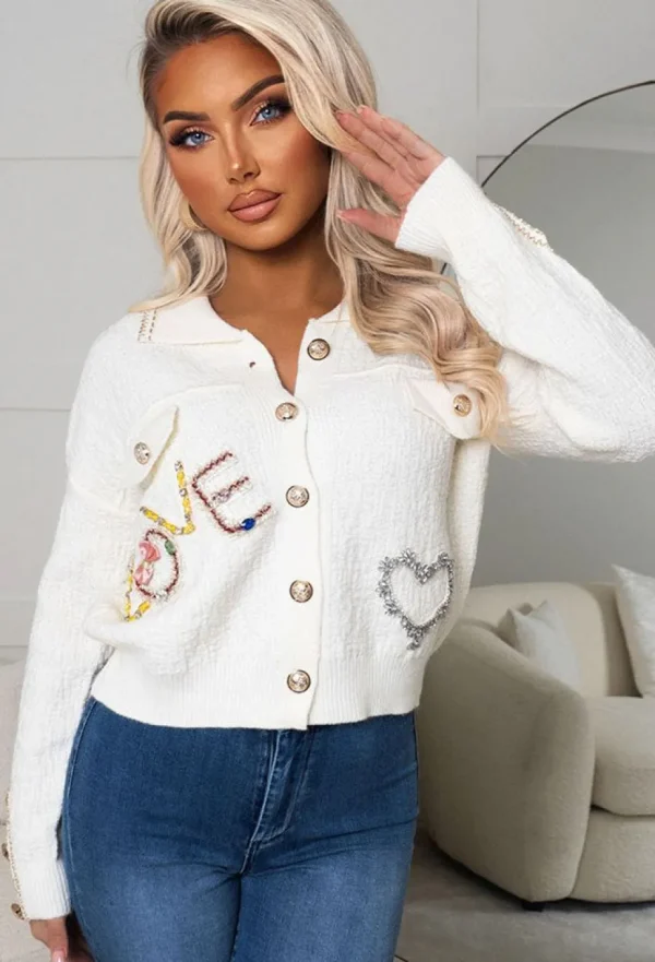 Women BY MAY Tops<Blissful Blossom Cream Love Embroidered Button Collar Cardigan