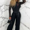 Women SOFT TOUCH Jumpsuits<Blissful Chic Black Mesh & Plain Wide Leg Belted Jumpsuit