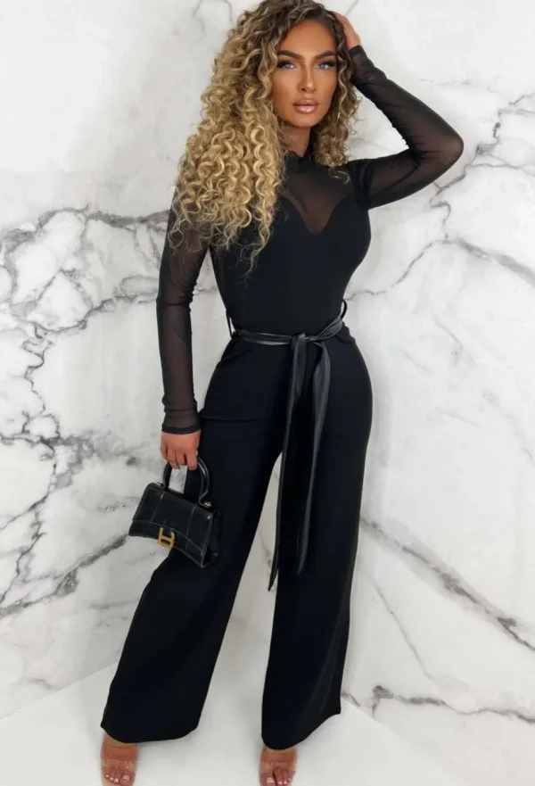 Women SOFT TOUCH Jumpsuits<Blissful Chic Black Mesh & Plain Wide Leg Belted Jumpsuit