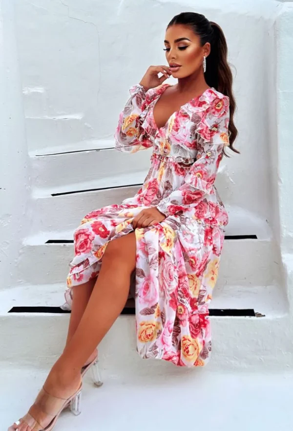 Women GOLDEN DAYS Summer Dresses<Blooming Bouquet White Long Sleeve Cut Out Side Floral Dress