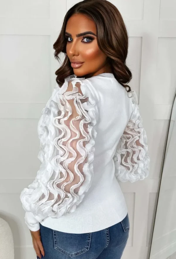 Women MOOCCI Knitwear<Blush Glam White Ruffle Mesh Sleeve Detail Jumper