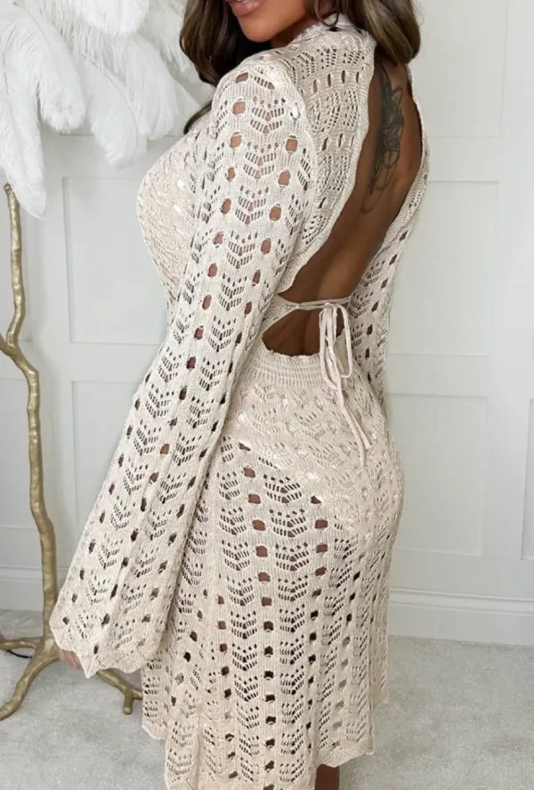 Women LUCCE Swimwear<Boho Bliss Beige Crochet Backless Flared Sleeve Knitted Mini Dress