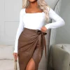 Women CATWALK FASHION Skirts<Boutique Attire Camel Faux Leather Wrap Over Midi Skirt