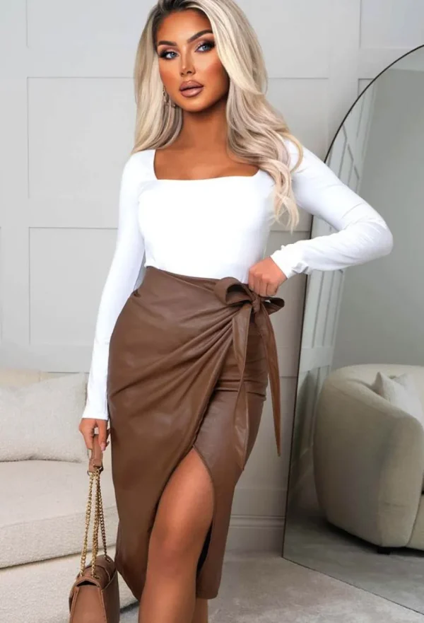 Women CATWALK FASHION Skirts<Boutique Attire Camel Faux Leather Wrap Over Midi Skirt