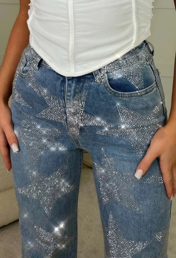 Women SOY u0026 CO Trousers & Leggings<Bright Star Mid Blue Silver Printed Stretch Flared Jeans