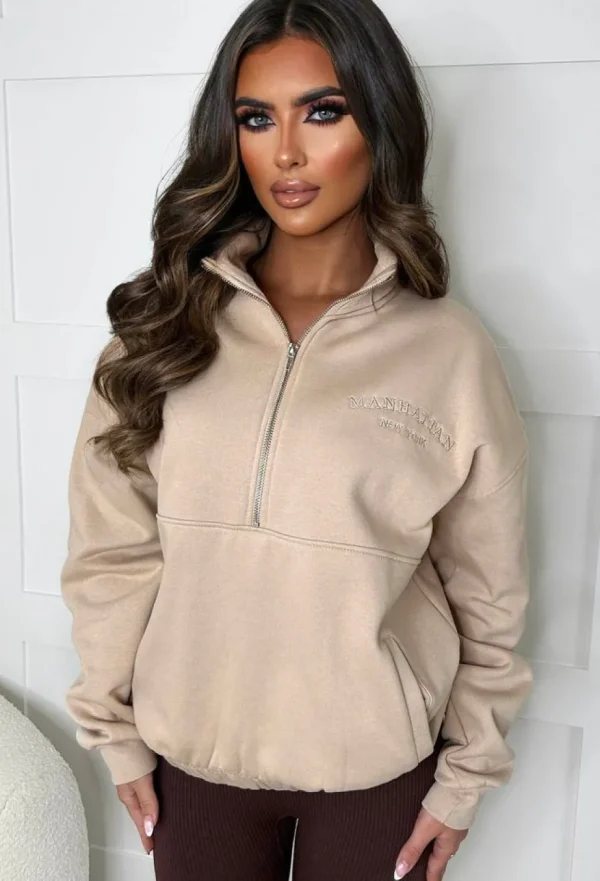 Women Stylewise Loungewear<Bring The Style Taupe Manhattan Embroidered Zip Sweatshirt