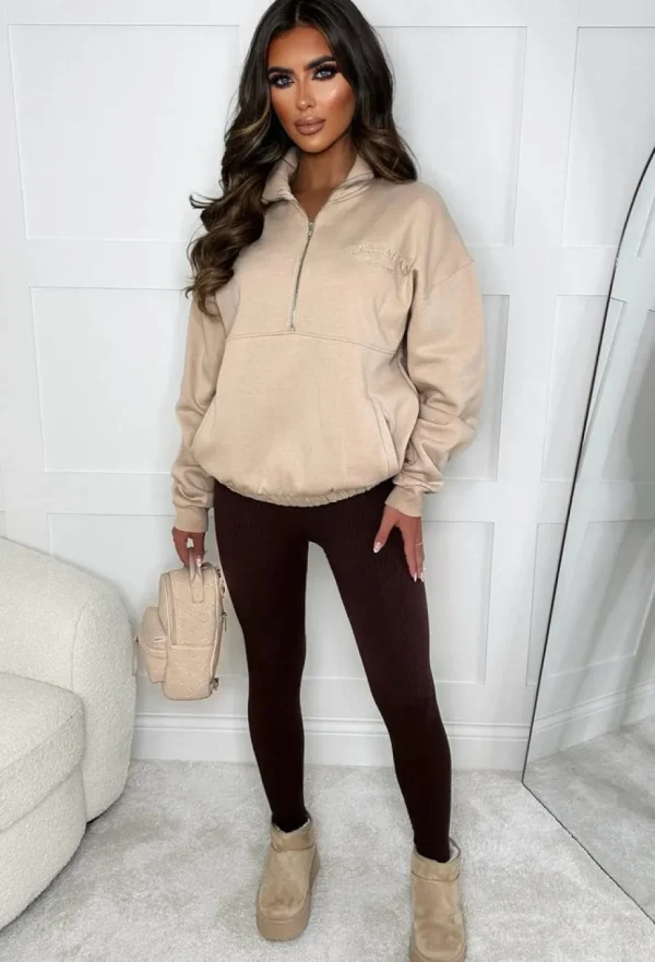 Women Stylewise Loungewear<Bring The Style Taupe Manhattan Embroidered Zip Sweatshirt