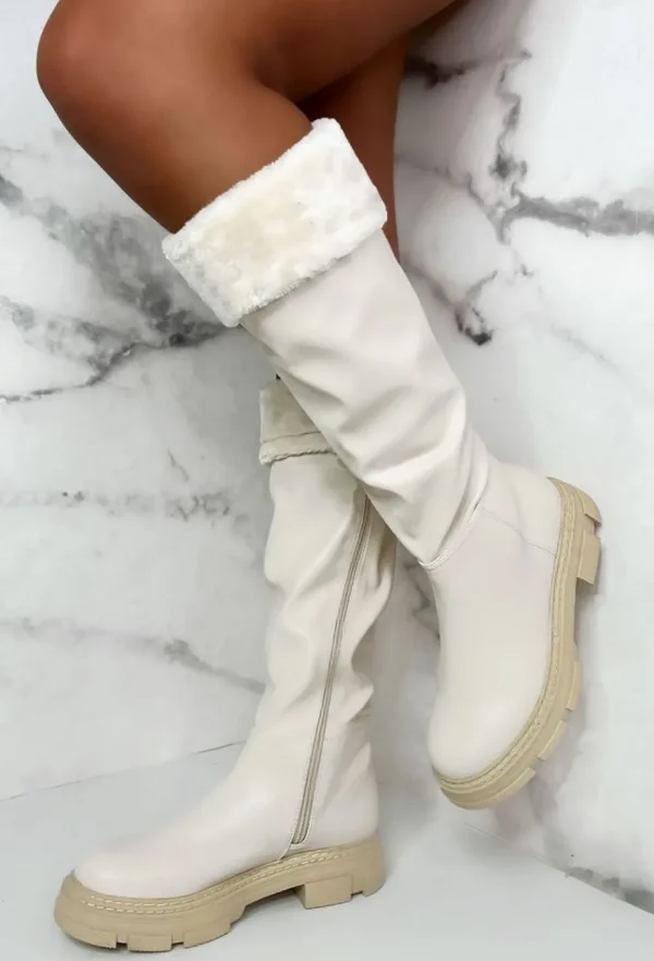 Women NO DOUBT Boots<Bringing The Style Cream Faux Fur Trim Knee Boots