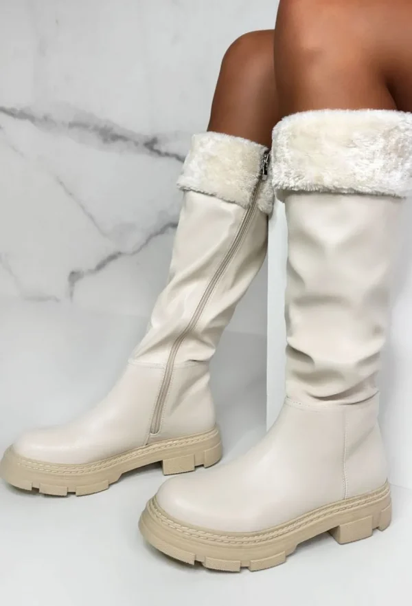 Women NO DOUBT Boots<Bringing The Style Cream Faux Fur Trim Knee Boots