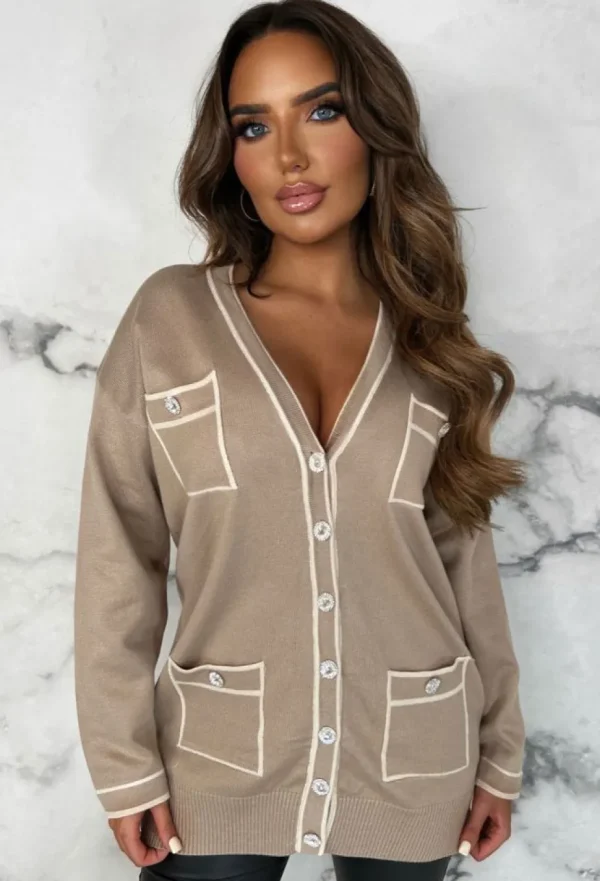 Women LUCCE Knitwear<Busy Schedule Beige Luxury Oversized Cardigan With Top Stitch Detail