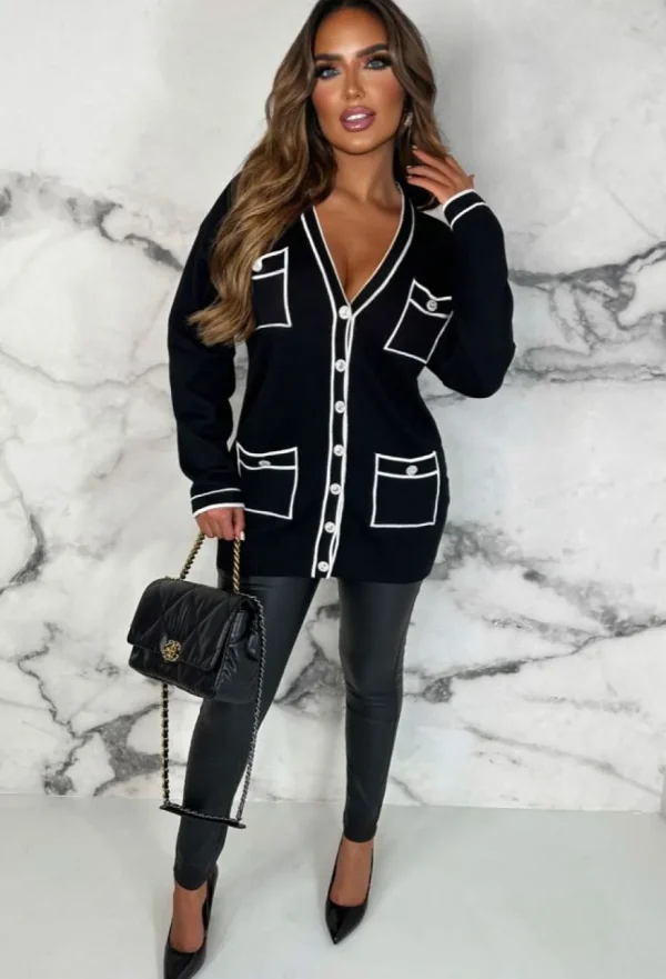 Women LUCCE Knitwear<Busy Schedule Black Luxury Oversized Cardigan With Top Stitch Detail