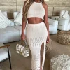 Women Soy u0026 Co Co-Ords<Cabana Crush Beige Crochet Knitted Halterneck Maxi Skirt Co-Ord Set