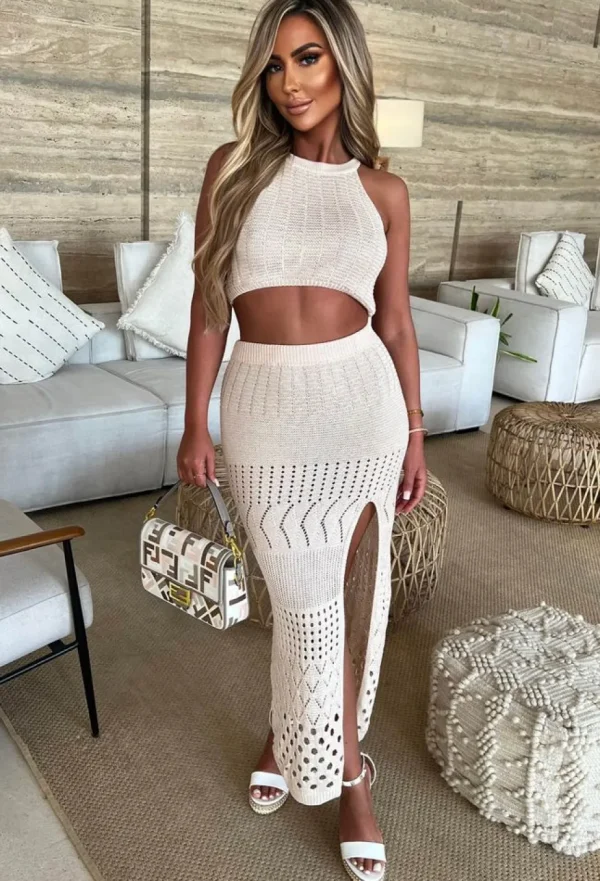 Women Soy u0026 Co Co-Ords<Cabana Crush Beige Crochet Knitted Halterneck Maxi Skirt Co-Ord Set