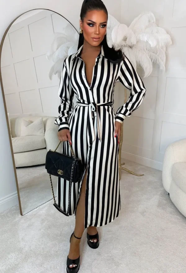 Women LILY WHITE Dresses<Call Me Chic Monochrome Satin Shoulder Pad Striped Belted Midi Shirt Dress Limited Edition