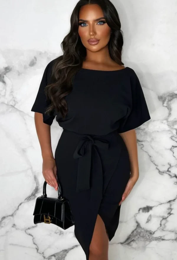 Women EVITA Dresses<Came Here For Love Black Belted Wrap Front Midi Dress