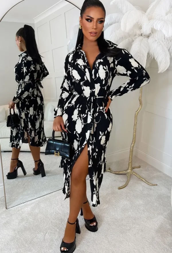 Women LILY WHITE Dresses<Camellia Black Floral Print Plisse Belted Midi Shirt Dress Limited Edition