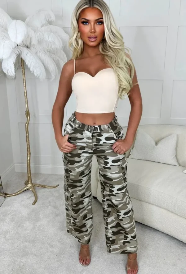 Women STYLEWISE Trousers & Leggings<Camo Cargo Diva Camo Print Sand Wide Leg Stretch Trousers