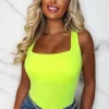 Women BY SWAN Bodysuits<Caribbean Crush Yellow Square Neck Neon Sleeveless Bodysuit