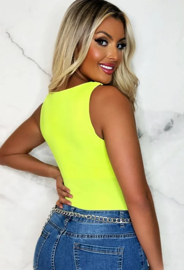 Women BY SWAN Bodysuits<Caribbean Crush Yellow Square Neck Neon Sleeveless Bodysuit