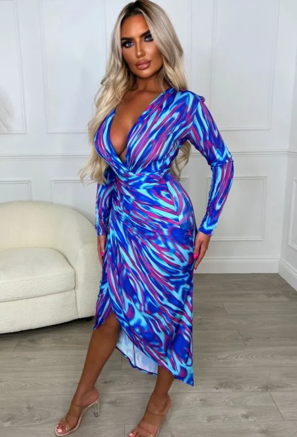 Women ANGEL EYE Summer Dresses<Chasing Rainbows Blue Shoulder Padded Long Sleeve Ruched Midi Dress