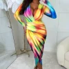 Women ANGEL EYE Summer Dresses<Chasing Rainbows Multi Shoulder Padded Long Sleeve Ruched Midi Dress