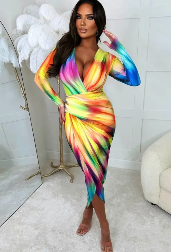 Women ANGEL EYE Summer Dresses<Chasing Rainbows Multi Shoulder Padded Long Sleeve Ruched Midi Dress